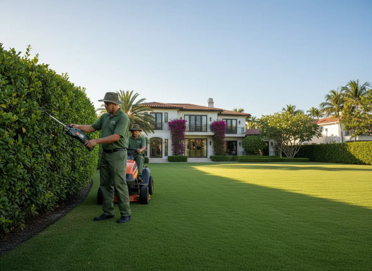 Trabajador realizando mantenimiento de landscape en jardín con césped verde